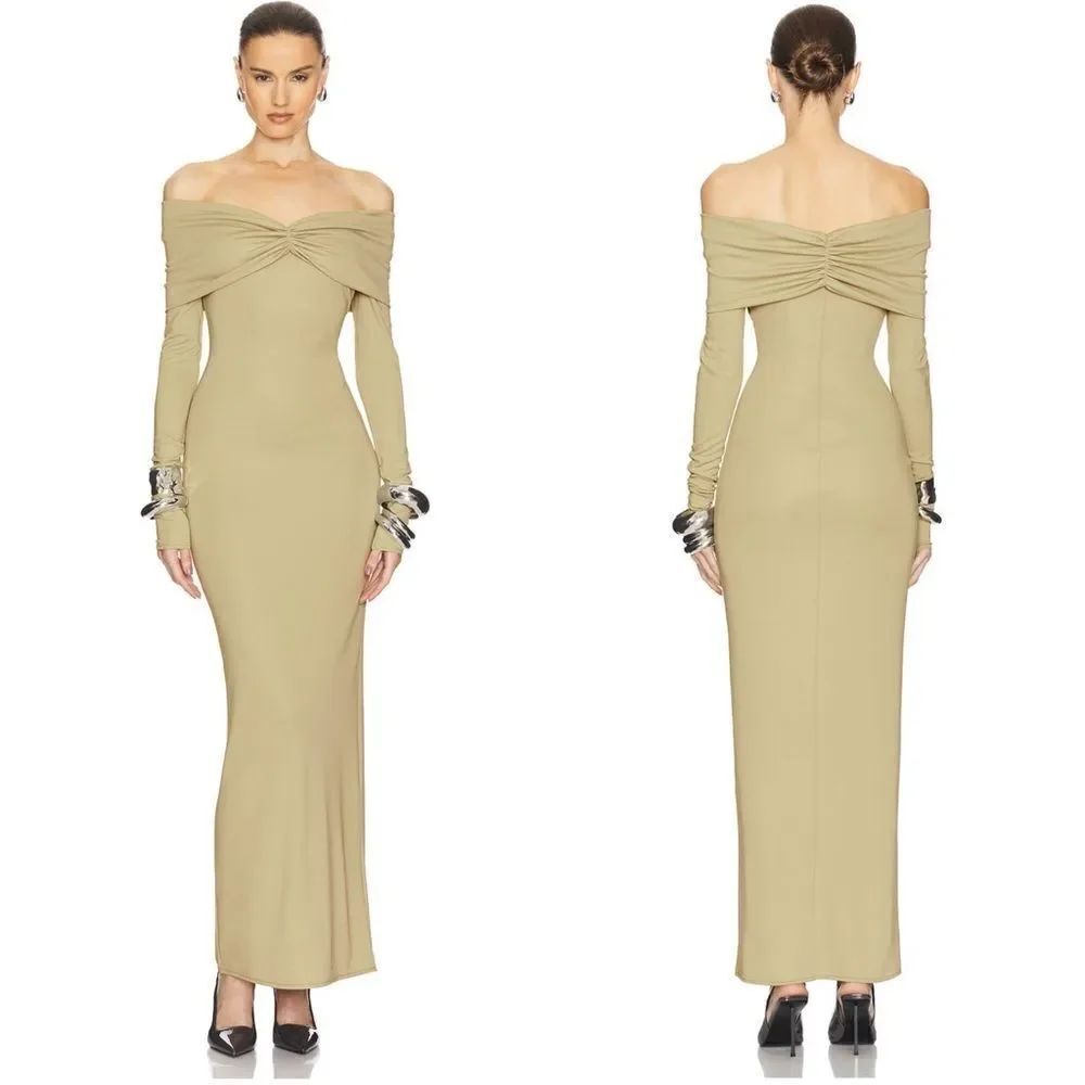 NEW HELSA Matte Jersey Off Shoulder Maxi Dress in Elm